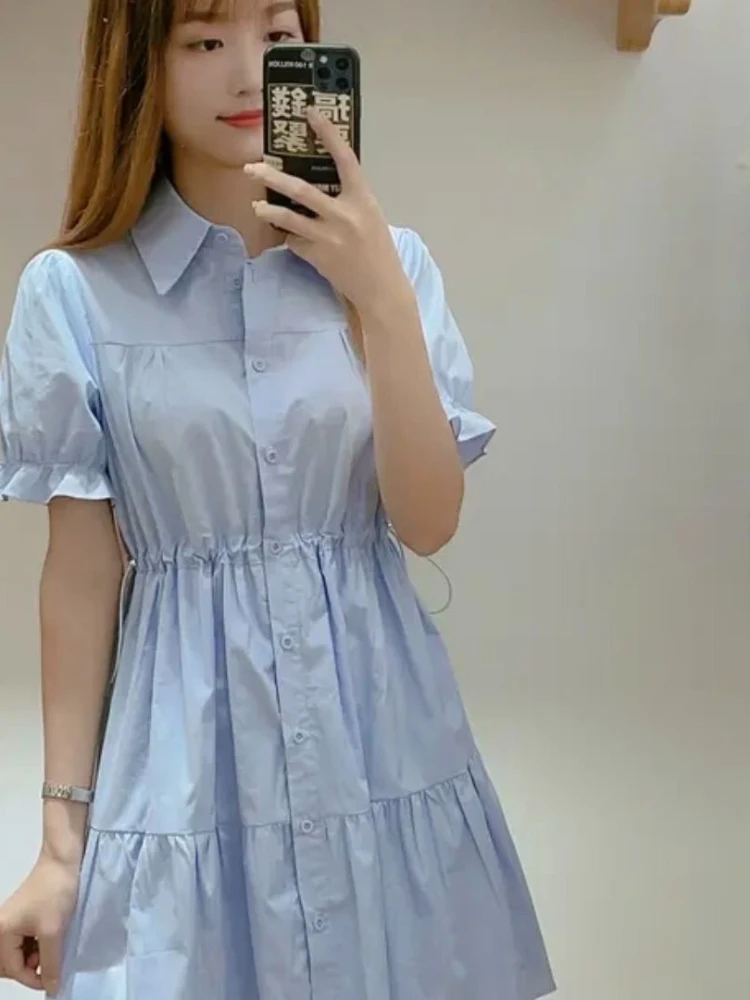 Blue Botton Down Shirt Dress For Women Summer 2024 Casual Polo Collar Drop Sleeve A-line Midi Fitted Dresses Female