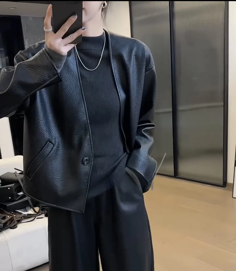 معطف Bla Leather Jaet النسائي ort V-ne لربيع وخريف جديد Sle معطف من جلد الغنم الأصلي مقاس صغير للتنقل Faion