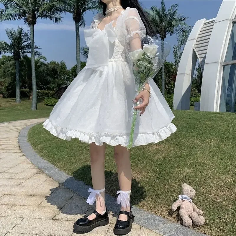 Vestido de Lolita de manga abullonada para niña, tutú Kawaii blanco, vestido de princesa, vestido de hada Lolita, vestido blanco coreano, dulce y lindo, japonés