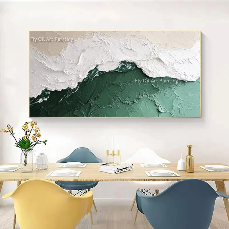 Crashing Wave Seascape Canvas, Hand‑painted Impasto Oil Artwork, Green‑White 3D Relief Horizontal Modern Living Room Decor