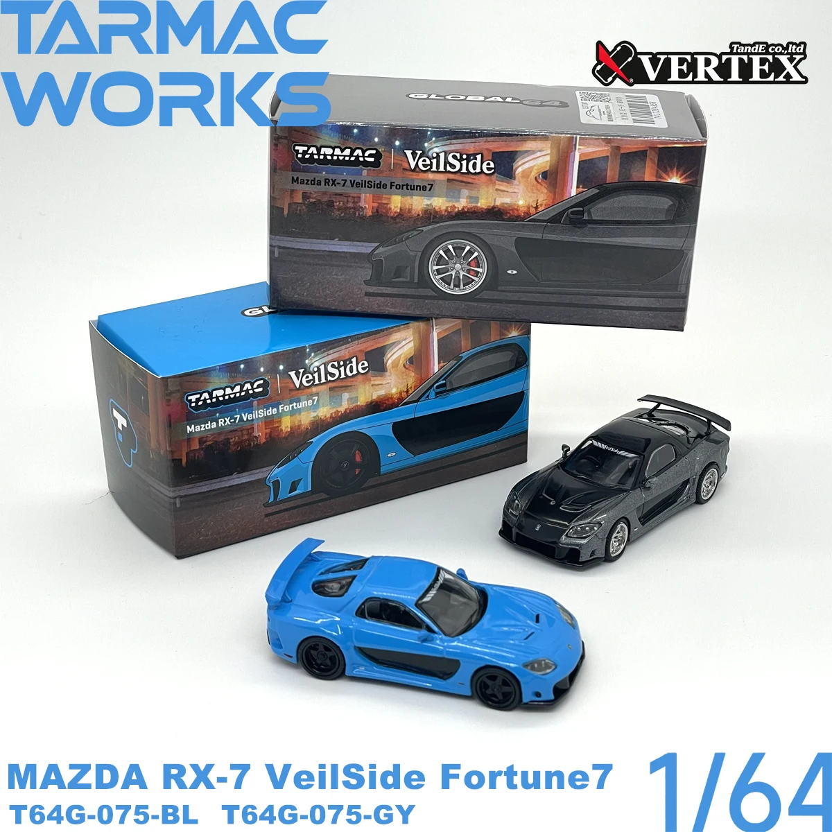TARMAC WORKS 1:64 T64G‑075-BL/T64G-075-GY RX‑7 VeilSide Fortune7 Diecast Model LHD Wide Body Real Rubber Tires In Stock image 2