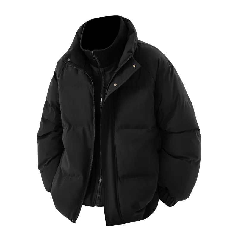 Man Luxury False Two-Piece Cotton-Padded Jacket Stand Collar Solid Color Warm Zipper Button Trend Coat Fashion Casual Men's Tops