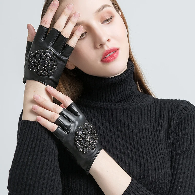 GOURS Fall and Winter Real Leather Gloves Women Black Genuine Goatskin Fingerless Gloves Fashion Stone Warm Mittens New GSL011