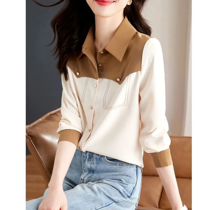 Women\'s Long Sleeve Chiffon Blouses 2024 Spring and Autumn New Korean Commute Contrast Color Patchwork Lapel Button Casual Shirt