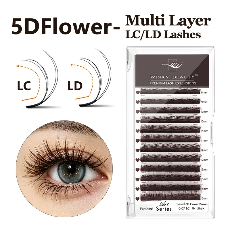 Winky Beauty Premium 5D Flower Fairy Flora Lashes, natürliche, weiche, schwarz/braune vorgefertigte Fächerwimpern LC/LD, Einzelwimpernverlängerung