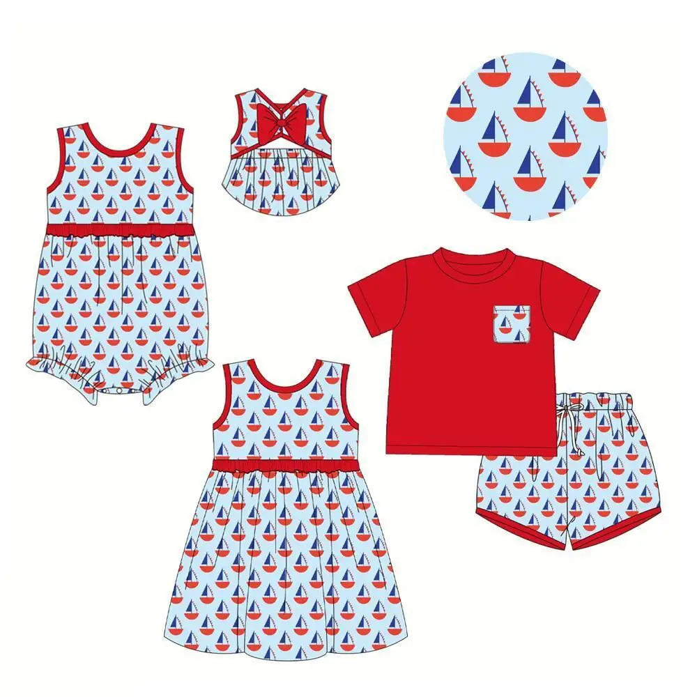 Toddler clothing sleeveless dress baby boy short-sleeved shorts suit sailboat print summer new product wholesale custom milk sil