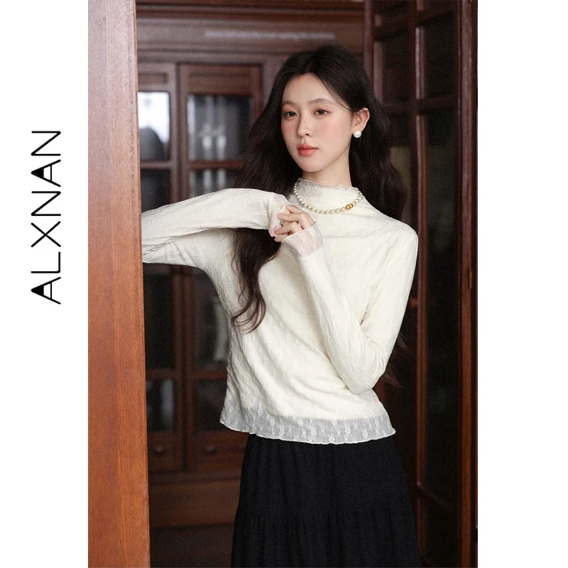 

ALXNAN Women's Knitted T-shirt Mock Neck Apricot Long Sleeve Pullover 2025 Fall Layering Base Elegant Fashion Tops Female L58908