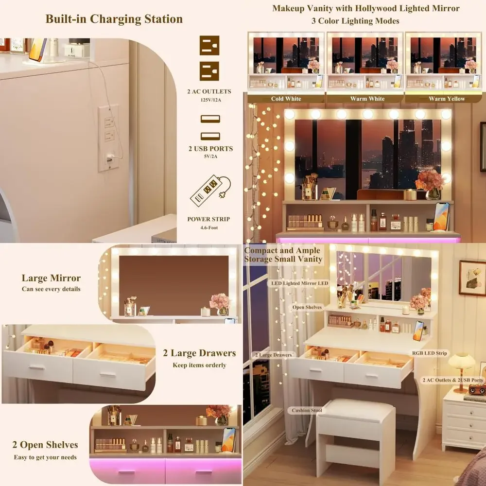 مكتب زينة مكياج مضيء مع مرآة وكرسي وإضاءة RGB، طقم طاولة زينة بيضاء مع أدراج مزدوجة ومنافذ طاقة #1
