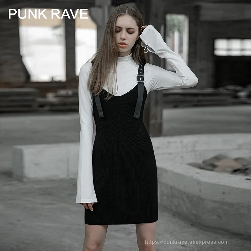 

PUNK RAVE Women's Wool Sling Dress Fit Adjustable Houlder Strap Breast-wiping V-collar Sexy Sleeveless Half Dresses