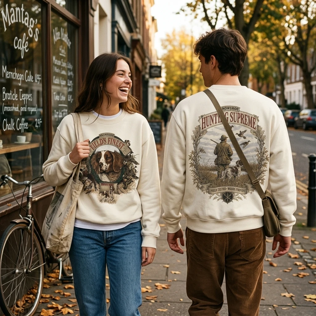 Vintage Hunting Dog Supreme Print Long Sleeve Crewneck Sweatshirt Parent-Child Casual Christmas New Year Streetwear Clothing Top