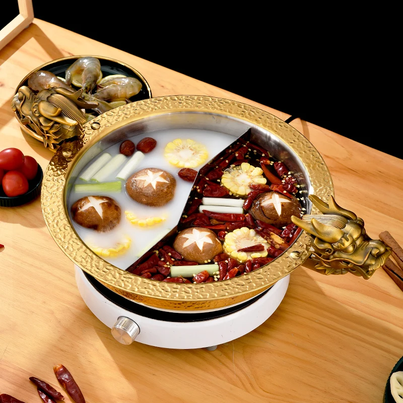 

Dragon Head 304 Stainless Steel Double-flavor Hot Pot, Commercial Thickened Hammer-textured Hotpot, Gas Stove Shabu-shabu Pots