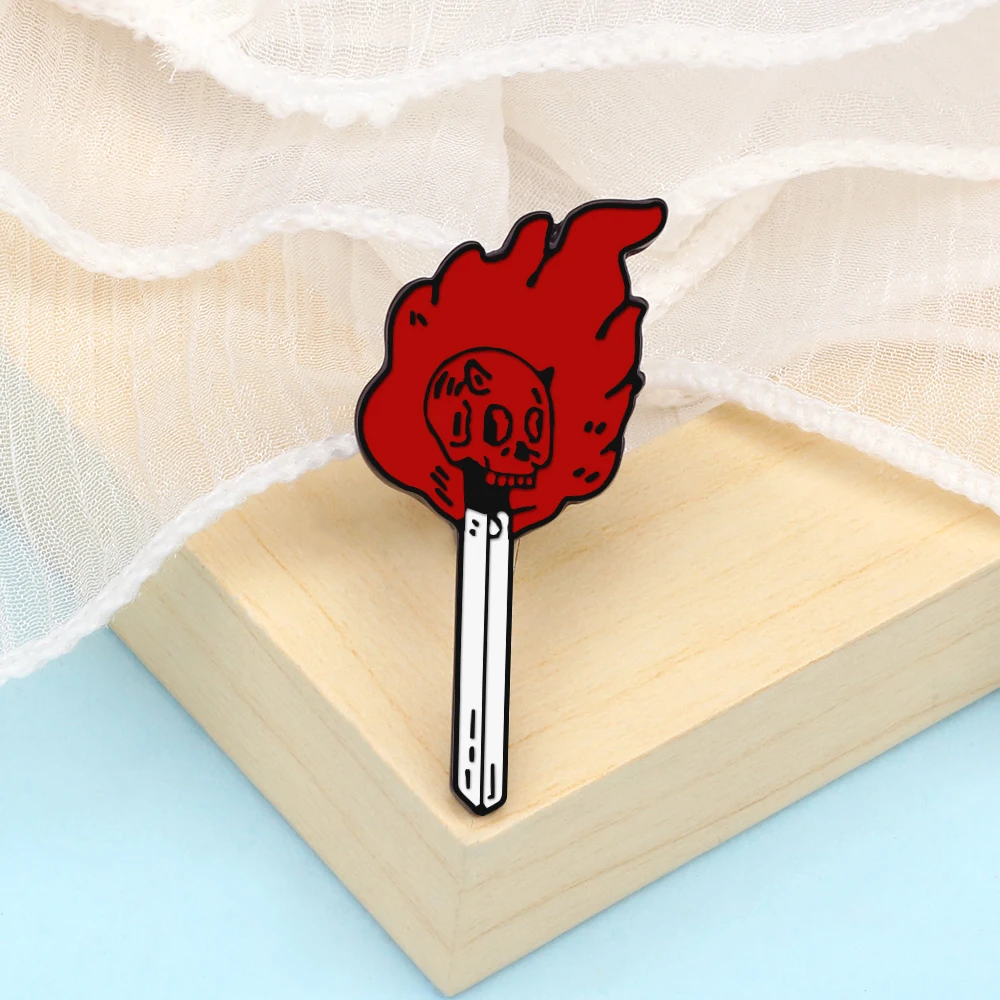 Burning Match Flame Stick Brooch Punk Skull Fire Magical Wand Enamel Pin Gothic Badge Cloth Bag Lapel Pins Jewelry Friends Gifts