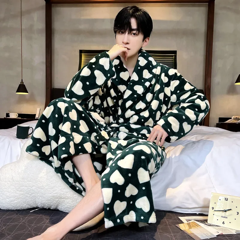 Winter Autumn Thick Robe Sleepwear Men's Warm Flannel Bathrobe Kimono Gown Flip Collar Nightwear Loose Loungewear Warm Home Wear