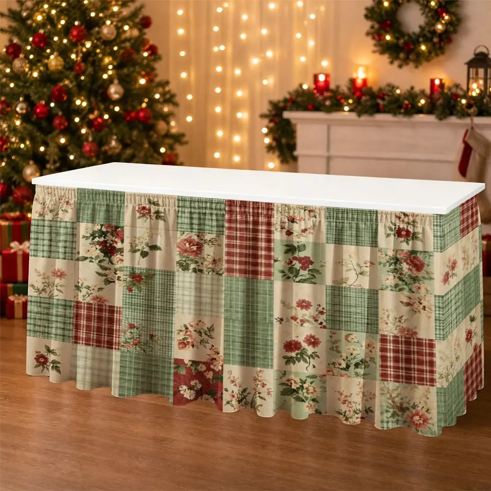 One-piece party table skirt decoration - floral and plaid patchwork overlock pattern ruffled table edge