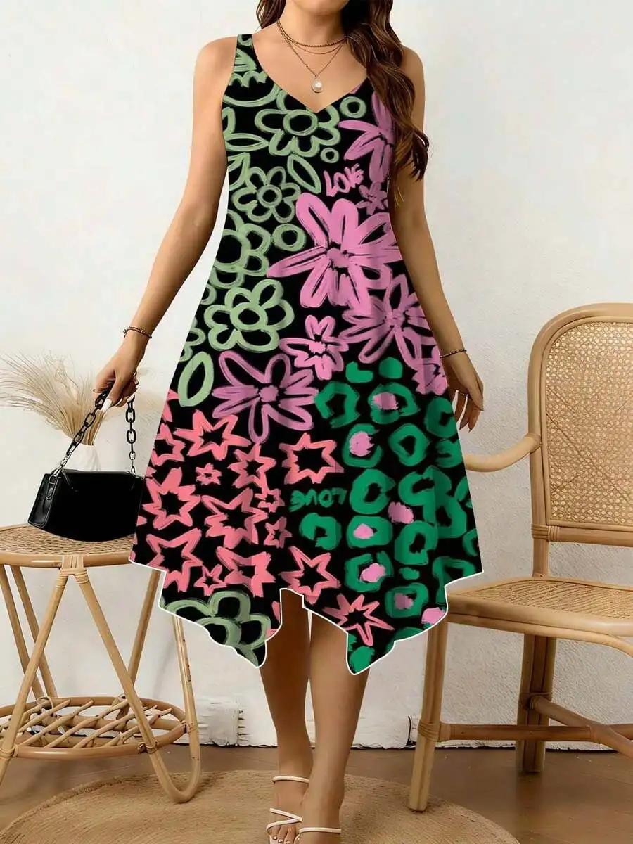 

Women V Neck Irregular Hem Dress Colorful Floral Star Print Love Text Summer Beach Vacation Casual