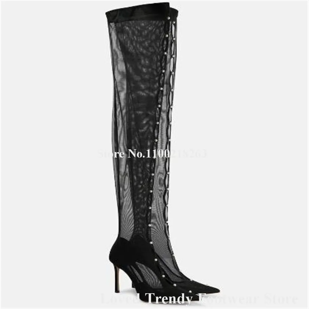 Sexy Black Mesh Thin Heel Over Knee Boots Pointed Toe Pearls Stiletto Heel Slim Long Sock Boots Wedding Pumps