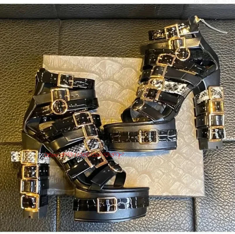 

Buckle Up Chunky Heeled Sandal Women Black Multi High Heel Back Zipper Punk Style Women Fashion Party Dress Shoes