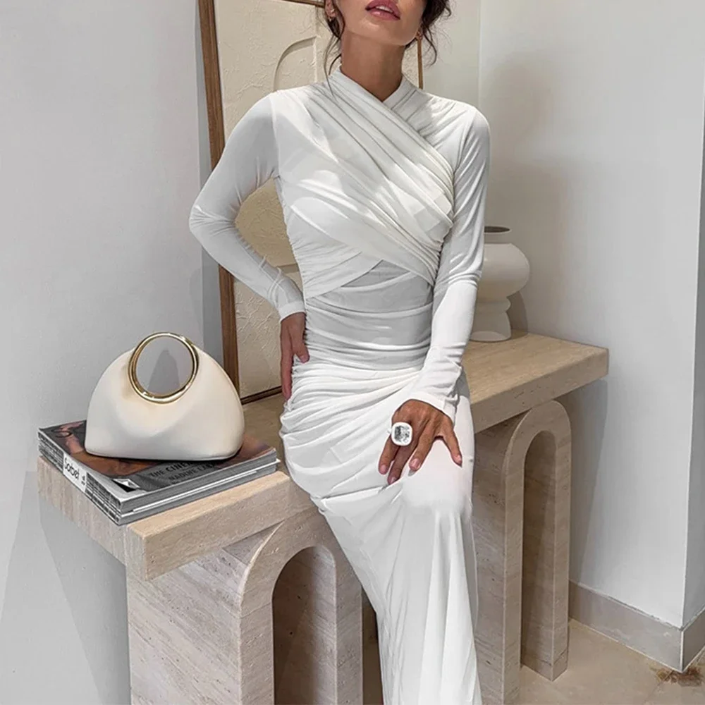 Talenza White V Neck See-through Long Dress Women Elegant Long Sleeve Slim Long Dress Female Fashion Party Dress Robe Outfits