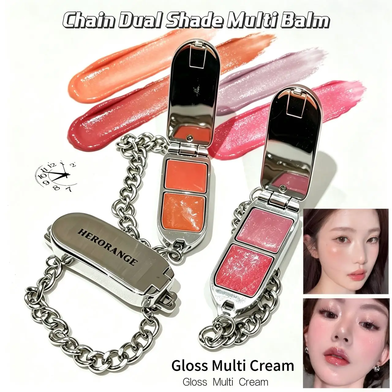 Herorange Wrist Chain Dual Color Lip & Cheek Multi Cream Mirror Silver Case Creamy Blendable Natural Flush Daily Dual-Use Makeup