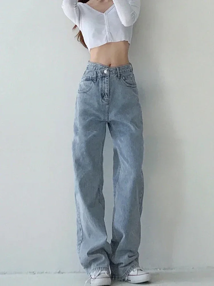 Women' Fashion High Waist Loose Wide Leg Sim Jeans Spring Summer Design Oblique Buckle Straight Tube All-match Female Trousers