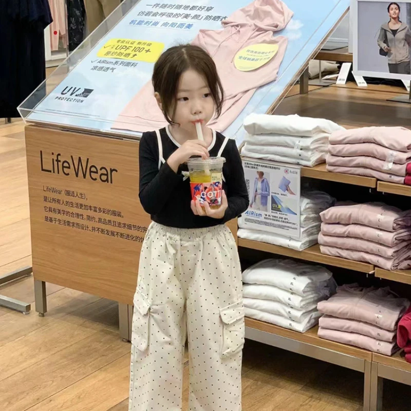 Girl 2024 Autumn New Korean Long Sleeve T-Shirt Sling Oversize Tide Leisure Polka Dot Overalls Comfortable