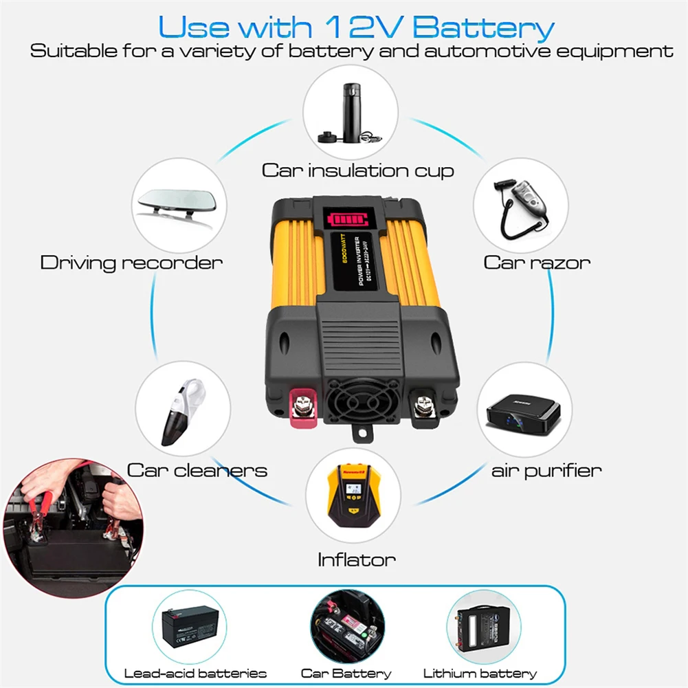 Any 12V Power Output Vehicle. Car Power Inverter 6000W Peaks Power Dual USB Ports LED Bettery Dispaly Modified Sine Wave