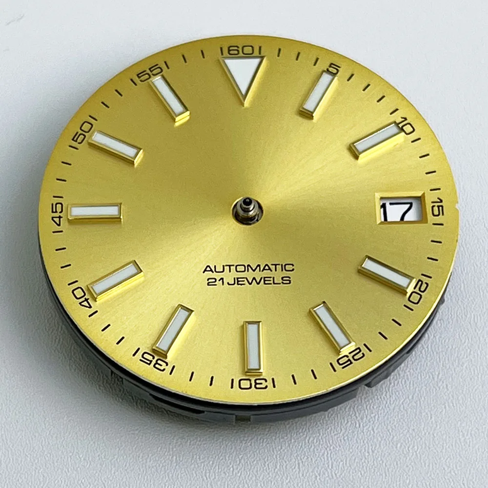 Data azul de 28,5 mm Configuração de mostrador amarelo, preto e branco mostrador nh 35 movimento automático mostrador de 29 mm