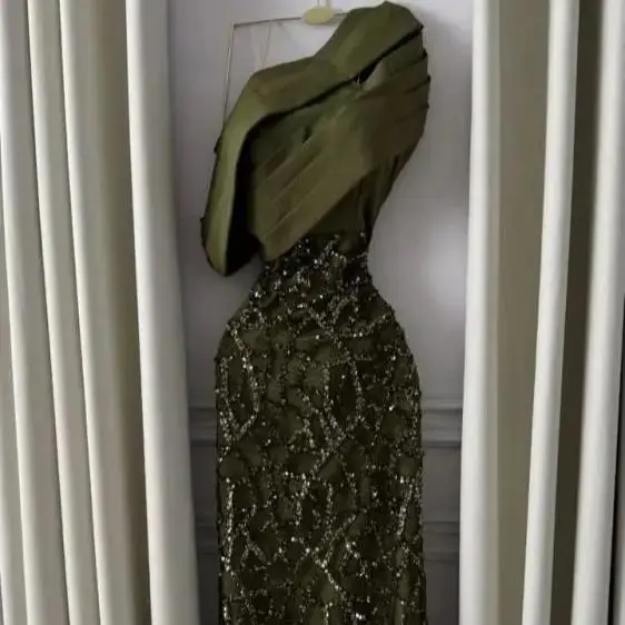 

Customized One Shoulder Prom Dresses Straight Green Beads Sequin Formal Women Party Evening Dresses Ankle-Length