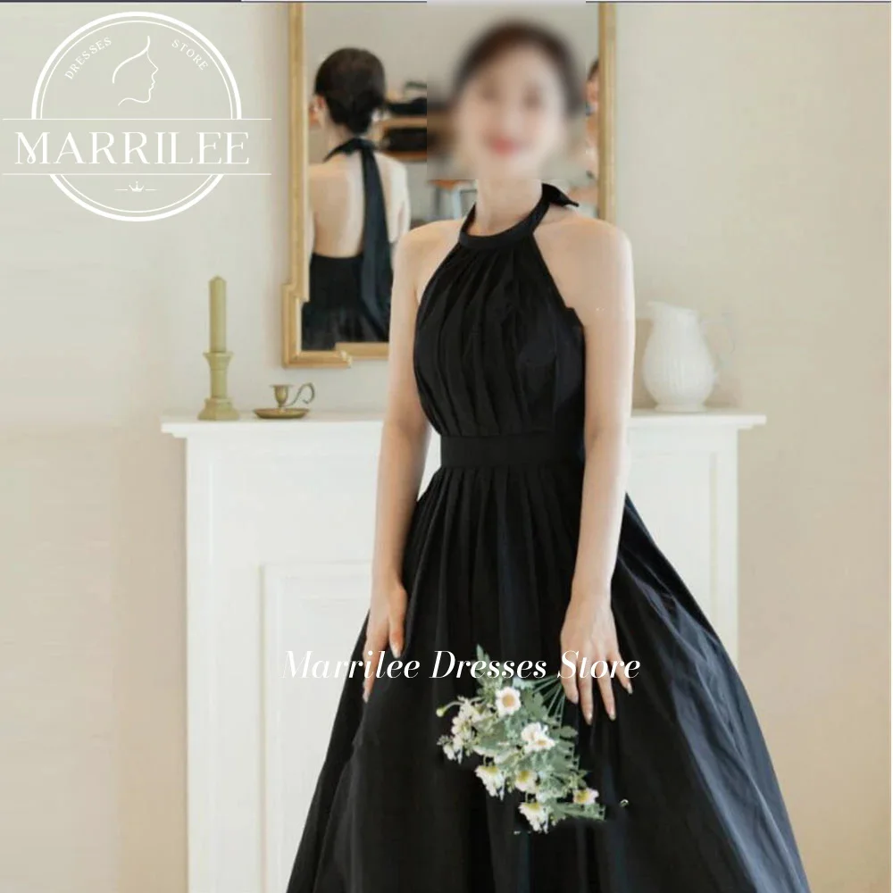 Abito da sposa in raso Marrilee Nastro nero senza maniche con scollo all'americana Vestaglia da sposa Abiti da sposa lunghi fino al pavimento personalizzati