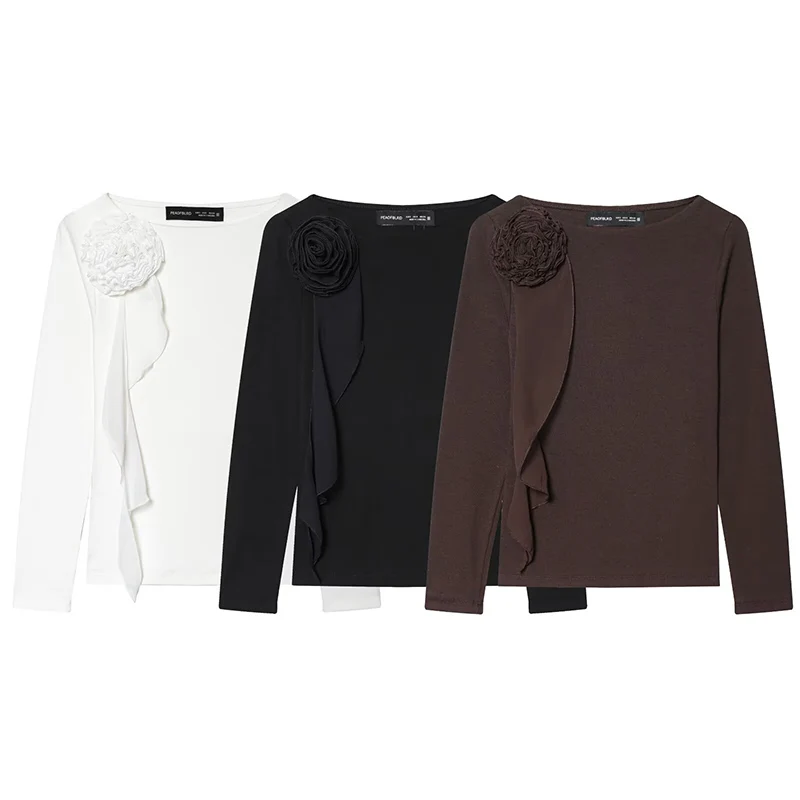 

Новое поступление зимы 2025 года, футболка с 3D цветочным принтом, с 3D цветами и ленточными акцентами, классическая и универсальная.