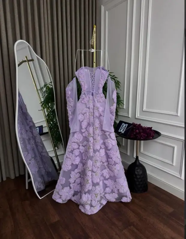 カスタム刺繍レースイブニングドレス オフショルダー フルスリーブ ウェディングゲストドレス Aライン コルセット ロブドソワレ