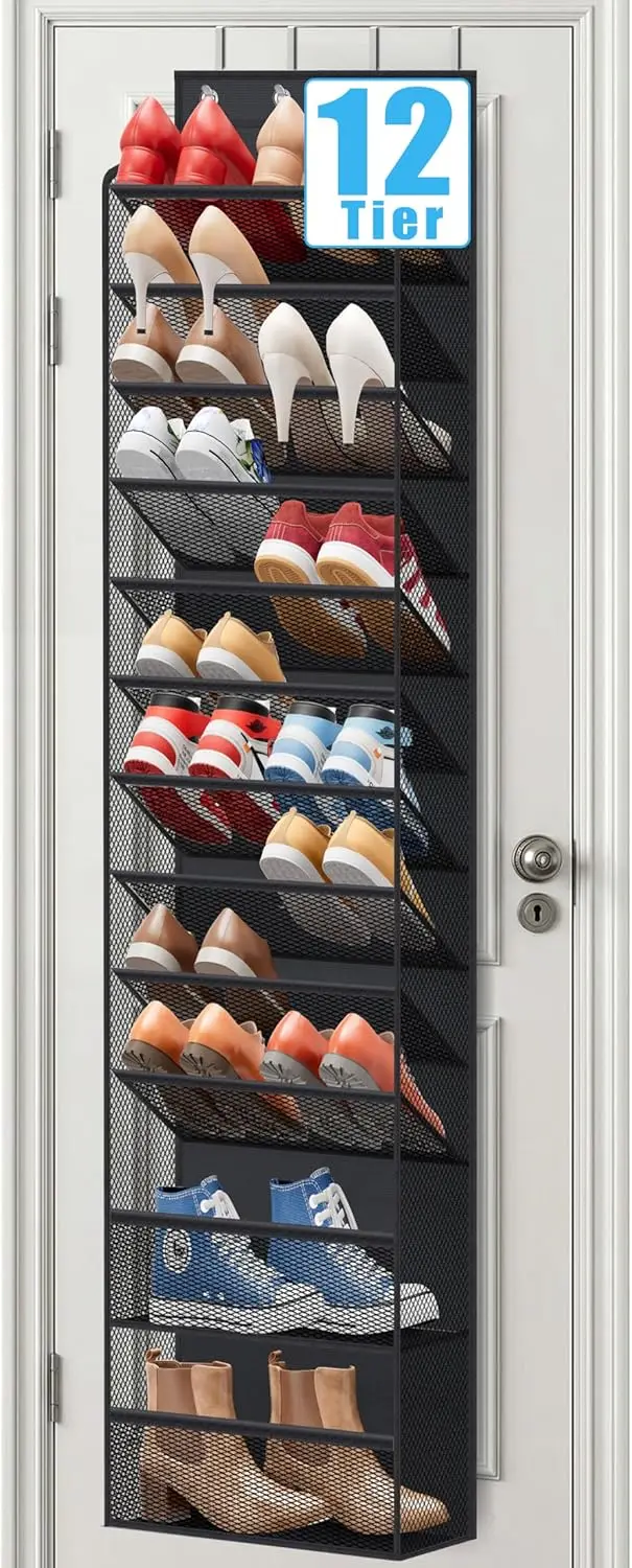 

12-ярусный органайзер для обуви на дверь шкафа, вмещает 24 пары, подвесная полка для обуви на дверь с сетчатыми карманами, узкая.