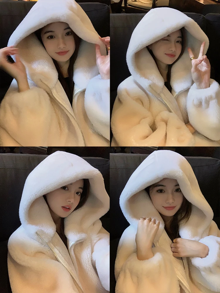 

Свободное женское бархатное пальто из овечьего меха с капюшоном и вочьими ушками, брендовое корейское пальто MKK LIMITED, длинное свековое пальто на молнии