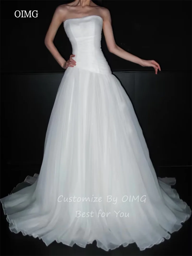 OIMG Simple Strapless A Line Wedding Dress Backless Bride Dresses Floor Length Wedding Gown платье свадебное Customized