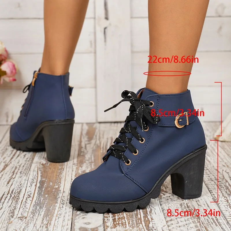 

Women's High Heeled Ankle Boots Side Zip Short Boots 8.5cm Height Increasing Platform Boot Lace-up High Heeled Boots Botas Mujer