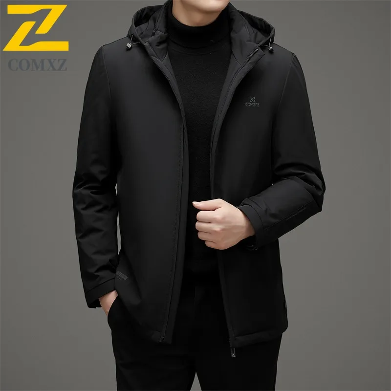 

COMXZ Premium Mens Short Down Jacket Hooded Business Leisure Windproof Parka Fashion Travel Lightweight Autumn Winter Coat