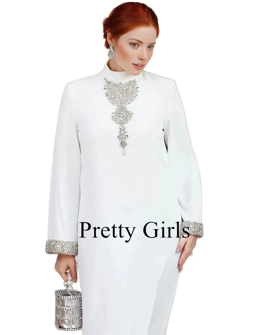 Dubai White Crepe Satin Rhinestone Evening Dresses Luxury Long Sleeves High Collar Party Prom Gowns Formal vestidos de fiesta