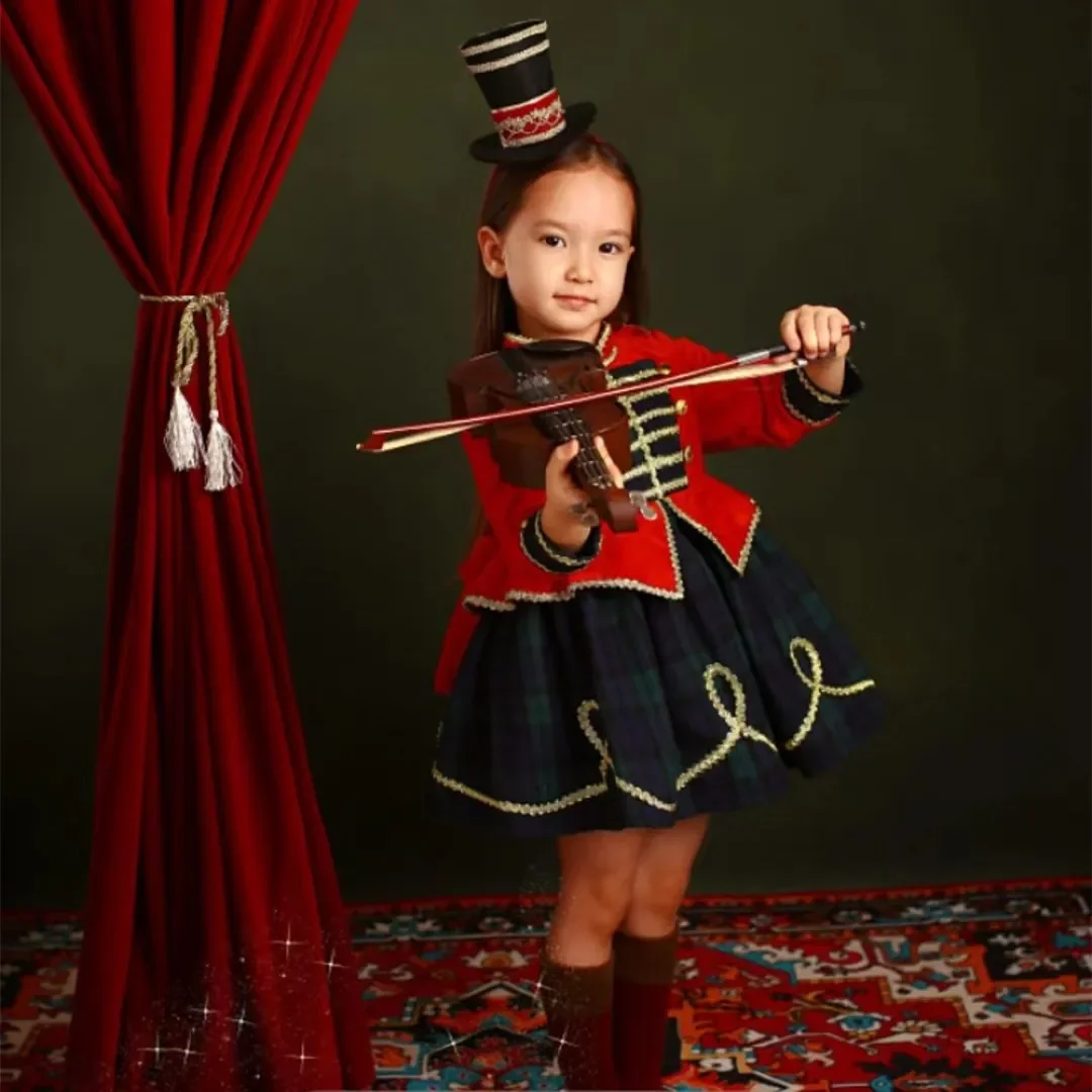 0-12Y Baby Girl Autumn Winter Green Plaid Red Velvet Vintage Spanish Princess Ball Gown  Dress for Eid Causal C58