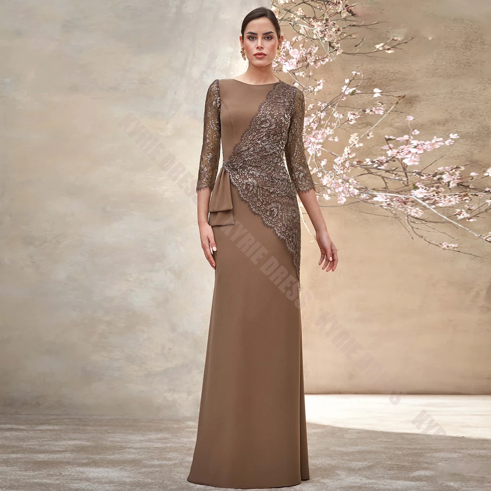 Fashion Mother of The Bride Dress Customized Scoop Neck 3/4 Sleeves Lace Applique Wedding Guest Dress Ruffle Party Evening Gowns
