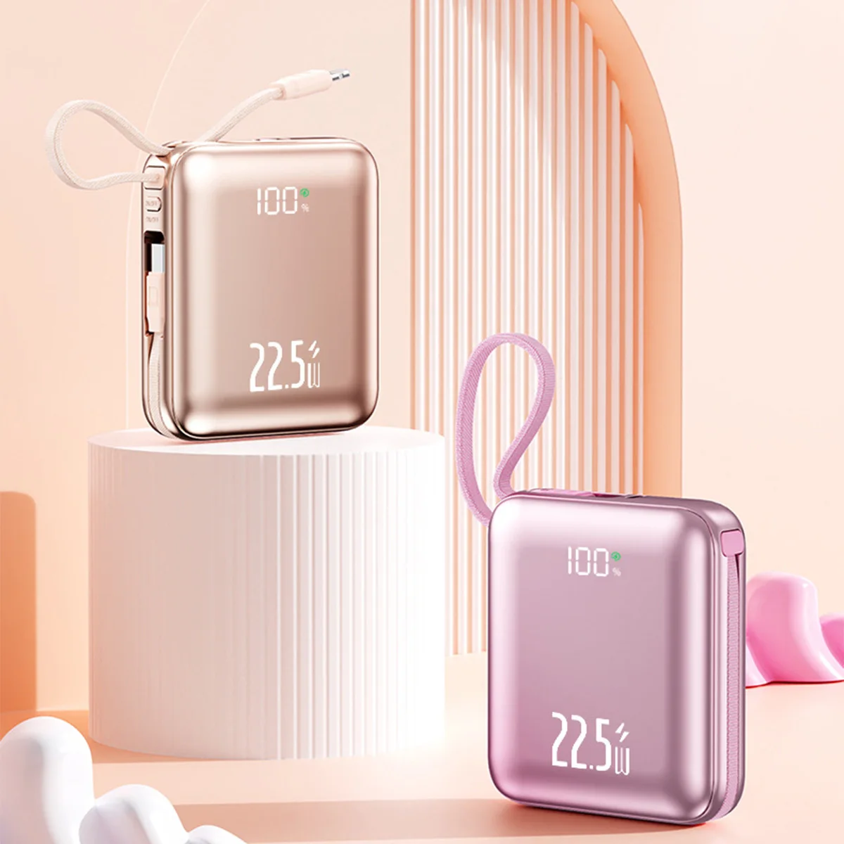 20000 mAh Mini Cute Power Bank mit integriertem Kabel und 22,5 W Schnelllade-Akku für iPhone Xiaomi Samsung