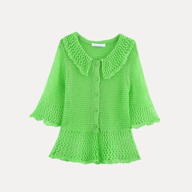 een ort Sve Hollow out Knitted Jaet Women's Sle Summer New Arrival Loose Fit Street Sle Polyester Fiber Button C...