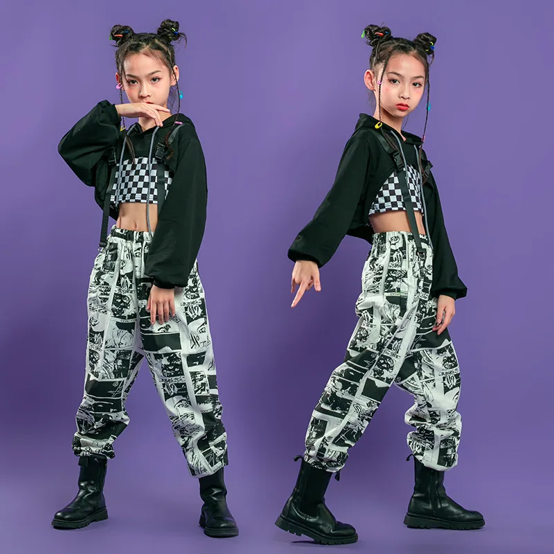 Costumes de danse jazz pour adolescents, olympiques de sport, vêtements de rue, vêtements hip hop pour enfants, sweat-shirt à capuche court, pantalon comique pour filles