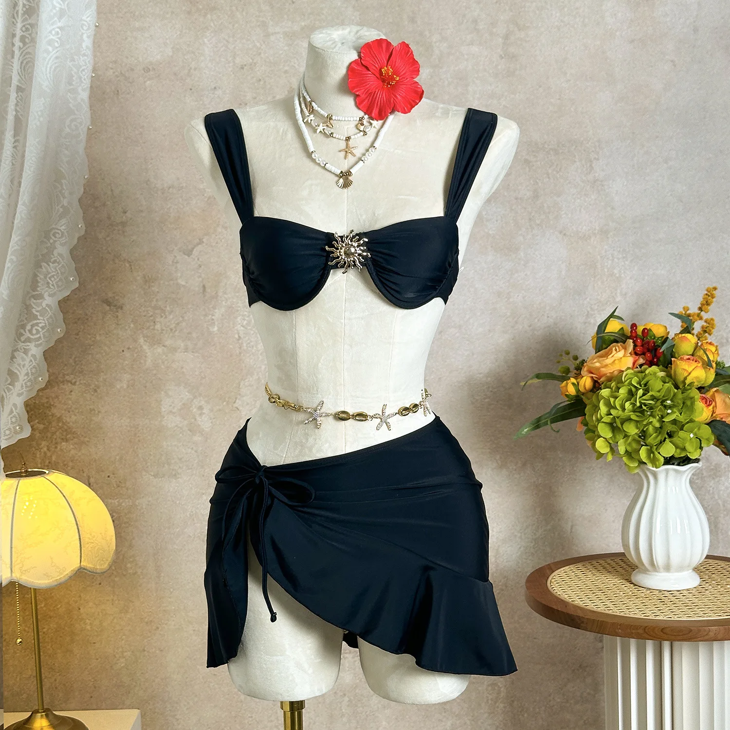 

sexy push up plain bikinis sets 3pcs with ruffles tie mini skirt metal decoration swimwear swimsuits beach outfits biquini