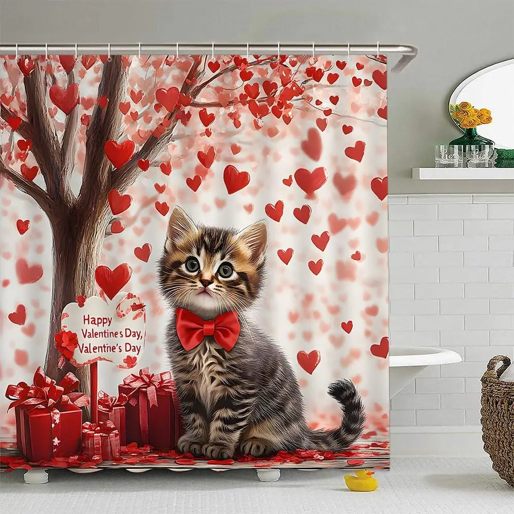 

Valentine's Day Cat Shower Curtain Farmhouse Rustic Heart Tree Romantic Cats Pet Country Kitty Vintage Retro Bathroom Curtain