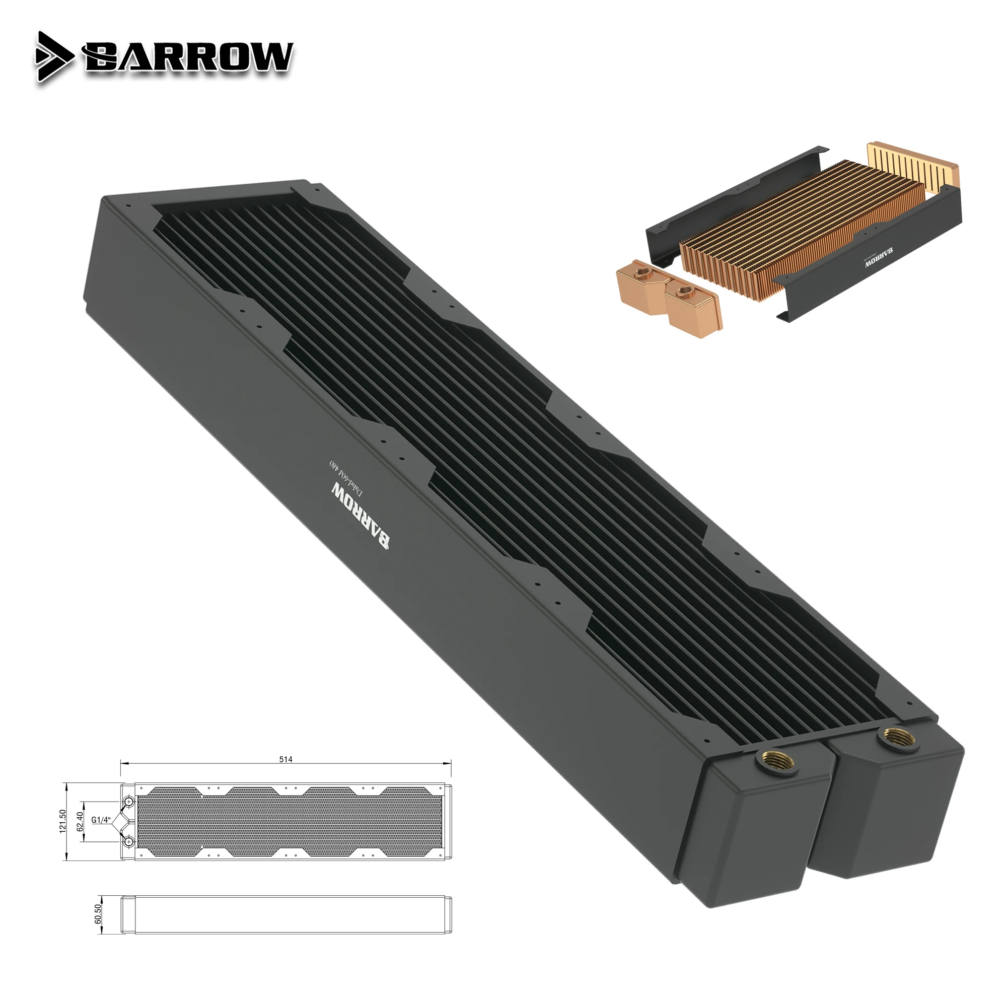 

BARROW 60mm Thickness Copper 480mm Radiator Computer Water Discharge Liquid Heat Exchanger G1/4 use for 12cm Fans Dabel-60D 480