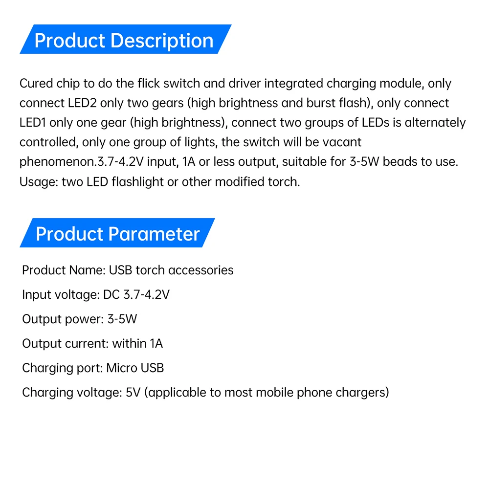 DC3.7~4.2V Flashlight Driver Control Board Pushbutton Switch 2-speed Dimming Micro USB Interface For 3~5W LED Light