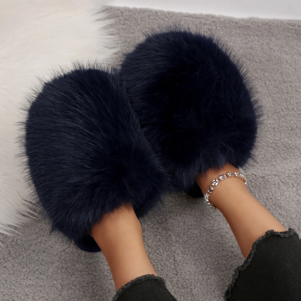 2026 Winter Women Fluffy Faux Fur Baotou Flat Slippers Indoor Warm House Slipper Fashion Female Floor Cotton Slides Home Shoes - view 6