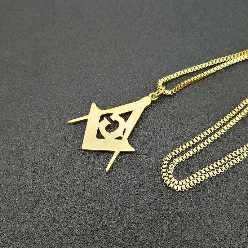 Men\'s Gold color Masonic Symbol Pendant Necklace 316L Stainless Steel Fashion Punk Retro Freemason Pendant