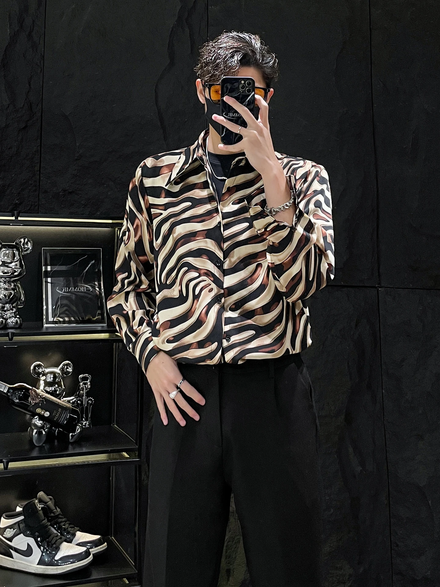 

HOMME Premium Loose Long Sve Ice Silk irt Men's Printed Stripe Pattern Faionable Casual Wear All Seasons Lightweight