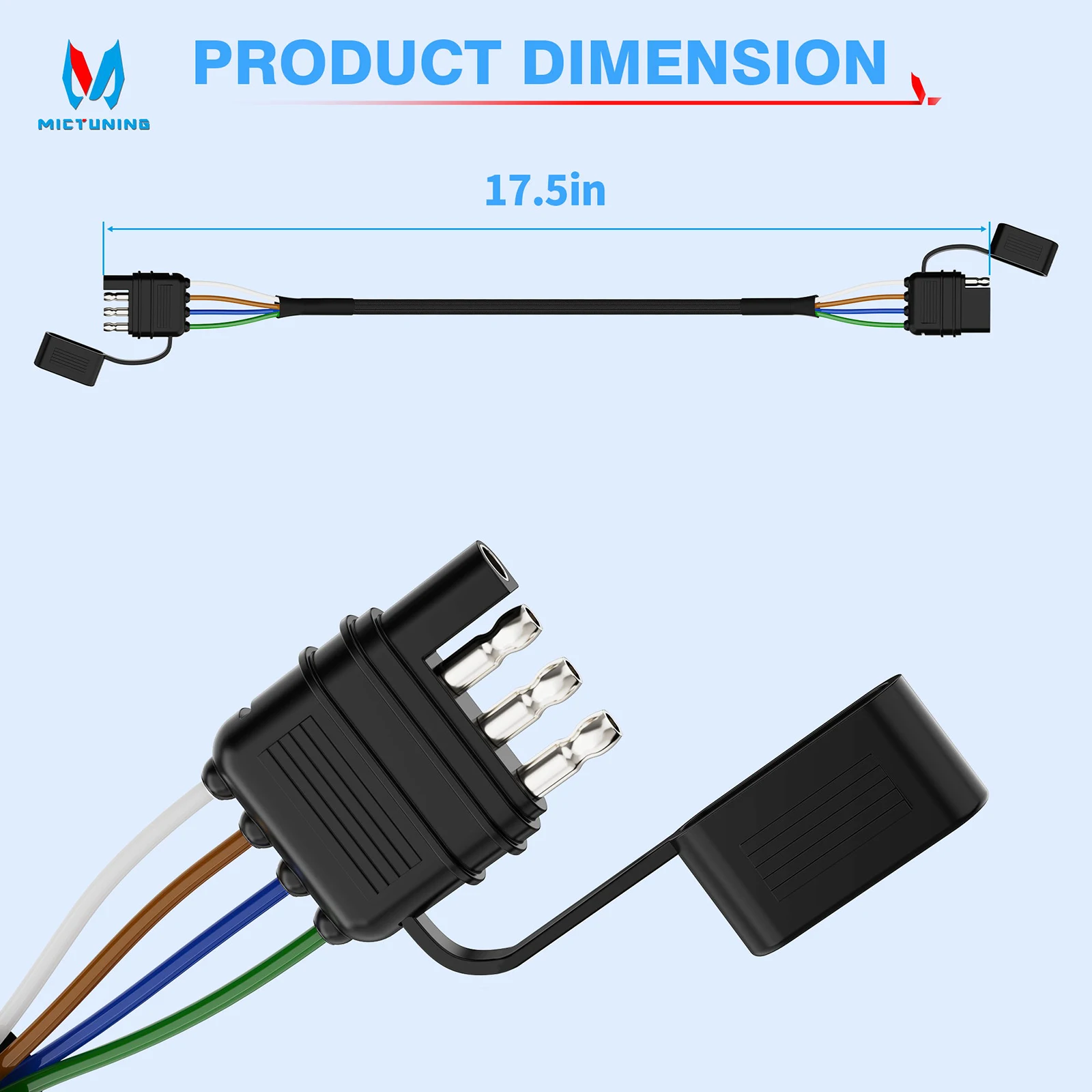 

MICTUNING 4 Pin Flat Trailer Extension Cable 12 inch,16 AWG Pure Copper Wire Vehicle-Side and Trailer-Side 4 Way Connector